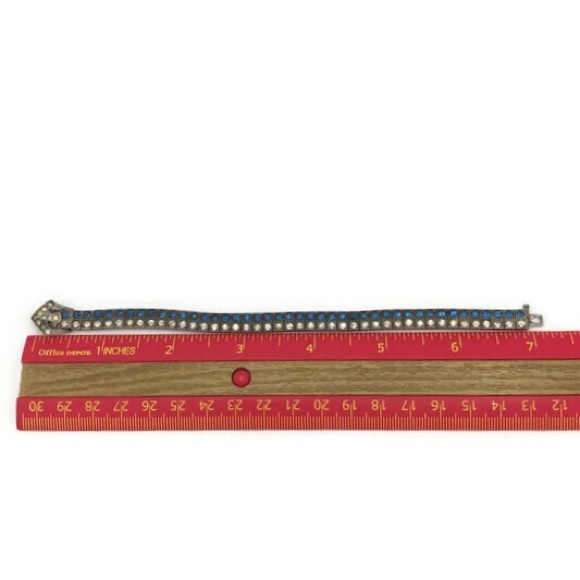 Art Deco Antique Sterling Silver Diamonbar Blue 2 Row Rhinestone Buckle Bracelet - Picture 8 of 9